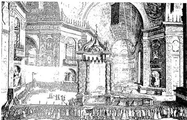 Above: APPARATUS OF THE BASILICA OF ST. PETER'S for the canonization of Bl. Francis de Sales, performed by Alexander VII, on 19 Apr. 1665. Below: APPARATUS OF THE BASILICA OF ST. PETER'S for the solemn canonization of the XXVI Martyrs of Japan and of Bl. Michele de Sanctis, performed by Pius IX, on 