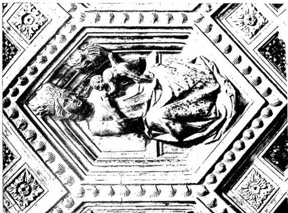 Left: CHARITY. Relief from the school of A. Pisano on the so-called Giotto's campanile (mid-14th cent.) - Florence. Right: CHARITY. Relief in the tabernacle of Orsanmichele, work by A. Orcagna (1359) - Florence.