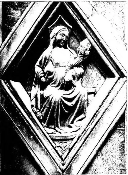 Left: CHARITY. Relief from the school of A. Pisano on the so-called Giotto's campanile (mid-14th cent.) - Florence. Right: CHARITY. Relief in the tabernacle of Orsanmichele, work by A. Orcagna (1359) - Florence.