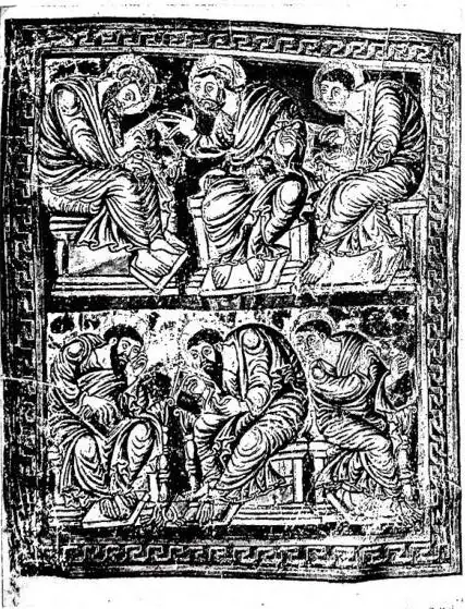 A sinistra: APOSTOLI IN ATTO DI DISCUTERE. Dipione inserito tra l'indice e l'incipit della Crescenii concordia sacrorum canonum, con le facciate interne miniate. Miniatura della scuola di Reims (secc. x-xii). Il codice contiene anche la Collectio canonum Dionysiana - Roma, biblioteca Vallicelliana. 