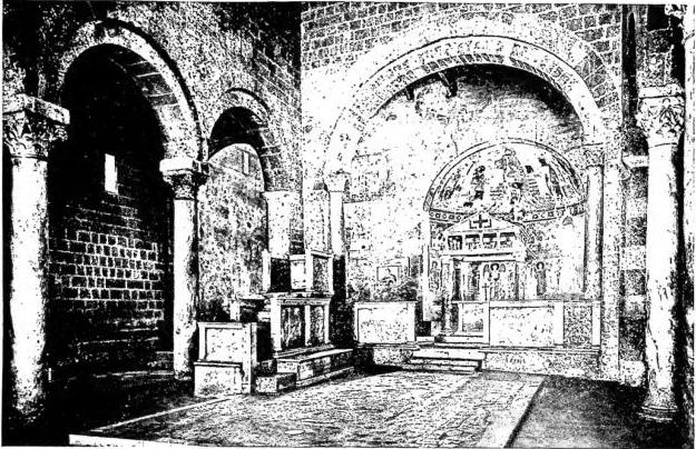 Above: INTERIOR OF THE CHURCH OF ST. ELIJAH (11th cent.) with paintings by the Roman brothers Giovanni and Stefano and their nephew Niccolò (11th-12th cent.). Below: EXTERIOR OF THE CHURCH OF ST. ELIJAH (11th cent.).