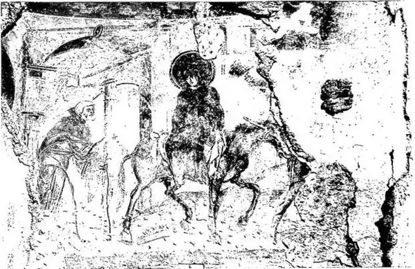Above: FLIGHT INTO EGYPT. Fresco probably dating from the 7th cent. Below: THE NATIVITY. Fresco probably dating from the 7th cent.