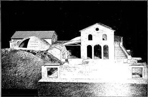Reconstructive model of the basilica in the C. with adjacent mausoleums (early 4th century).