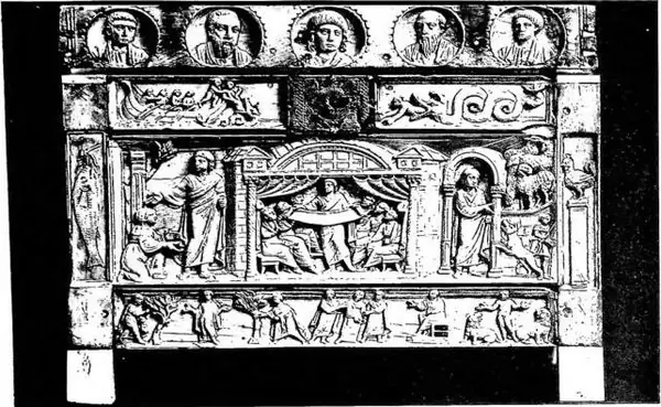 LIPSANOTHECA (4th cent.): - Above: Medallions of Christ and Apostles; two scenes of Jonah; the Canaanite woman; Christ teaching; pastoral scene; two scenes of Susanna and Daniel among the lions. - Below: Scenes of the Passion of Christ: Gethsemane, St. Peter and the servant girl of Pilate, Christ be