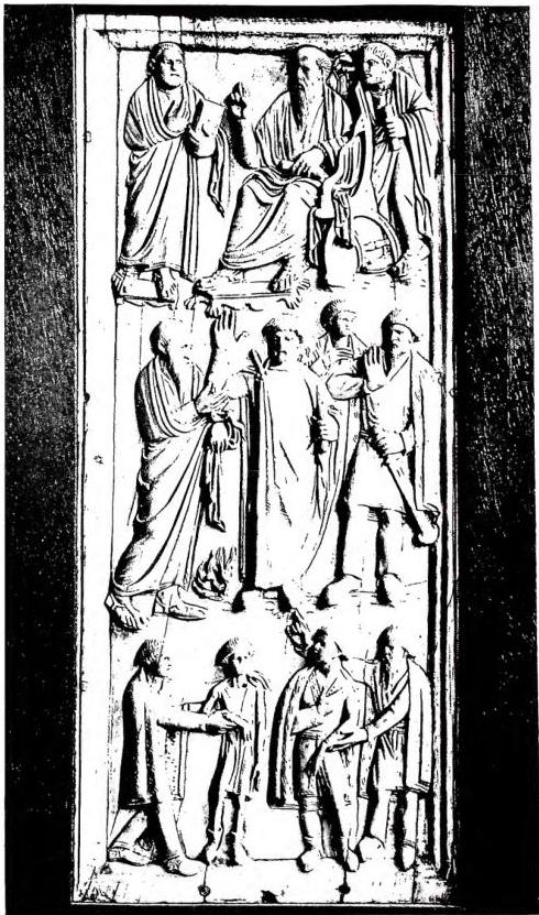 PREACHING OF ST. PAUL IN MALTA. Leaf of an ivory diptych. Ivory of the 4th-5th cent. - Florence, Bargello Museum.