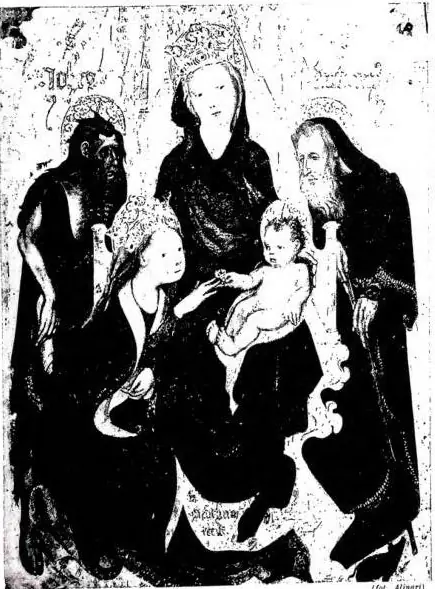 A sinistra: SPOSALIZIO MISTICO DI S. CATERINA. Tavola di Michelino da Besozzo (sec. xv) - Siena, pinacoteca. A destra: DECOLLAZIONE DI S. CATERINA, trasporto della sua anima in cielo e tumulazione del suo corpo sul Sinai. Affresco di Masolino - Roma, basilica di S. Clemente.