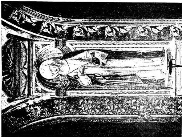 Left: ST. CATHERINE AND A DEVOTEE. Fresco by A. Vanni (ca. 1390) - Siena, church of St. Dominic. Right: ST. CATHERINE. Fresco by L. Vecchietta (15th cent.) - Siena, Palazzo della Signoria.