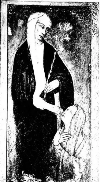 A sinistra: S. CATERINA E UNA DEVOTA. Affresco di A. Vanni (ca. 1390) - Siena, chiesa di S. Domenico. A destra: S. CATERINA. Affresco di L. Vecchietta (sec. XV) - Siena, palazzo della Signoria.