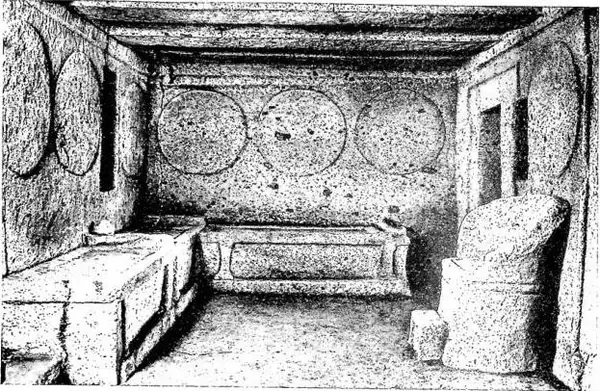 Above: FUNERARY CHAIR in the Etruscan tomb called "of the shields" (4th cent. B.C.) - Cerveteri. Below: FUNERARY CHAIR in a cubiculum of the Greater Cemetery (4th cent. A.D.) Rome - via Nomentana.