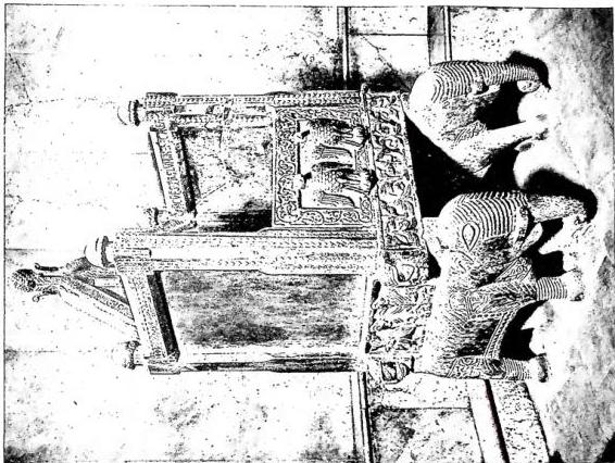 Left: IVORY CHAIR OF MAXIMIAN, archbishop of Ravenna (546-67). On the back scenes of the Infancy of Jesus; at the centre of the upper crossbar, monogram "Maximianus episcopus"; in the panel: St. John the Baptist with the 4 Evangelists. Ravenna, cathedral. Right: CHAIR OF THE CATHEDRAL OF CANOSA. Work by Romualdo (1078-89).