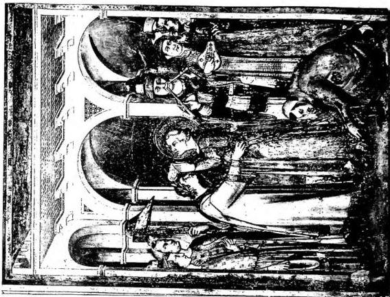 Left: BLESSING OF A KNIGHT. Miniature from the late 14th cent. in a pontifical of Arles - Paris, Bibliothèque nationale, ms. lat. 9479, f. 148.