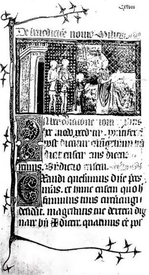 Left: BLESSING OF A KNIGHT. Miniature from the late 14th cent. in a pontifical of Arles - Paris, Bibliothèque nationale, ms. lat. 9479, f. 148. Right: SCENE OF KNIGHTLY INVESTITURE OF THE 14TH CENT. Fresco by Simone Martini depicting the emperor Julian in the act of receiving the future St. Martin a
