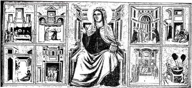 Above: ST. CECILIA ENTHRONED WITH STORIES OF HER LIFE. Painting by the so-called Master of St. Cecilia (14th cent.) - Florence, Galleria degli Uffizi. Below: ST. CECILIA by S. Maderno (1599) - Rome, basilica of S. Cecilia in Trastevere.