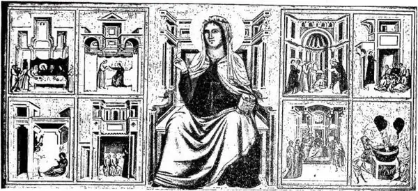 In alto: S. CECILIA IN TRONO CON STORIE DELLA SUA VITA. Dipinto del cosiddetto Maestro della S. Cecilia (sec. XIV) - Firenze, galleria degli Uffizi. In basso: S. CECILIA di S. Maderno (1599) - Roma, basilica di S. Cecilia in Trastevere.