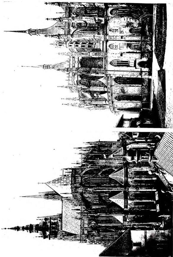 Left: APSE OF THE CATHEDRAL OF ST. VITUS WITH THE CROWN OF CHAPELS. Work by Matthias of Arras (1344-52), the upper parts of the presbytery are by Peter Parler (1356-85), the great tower of the 15th cent. - Prague. Right: CHURCH OF ST. BARBARA. The upper part and the choir (late 15th cent.) - Kutná Hora.