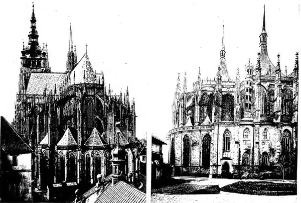 Left: APSE OF THE CATHEDRAL OF ST. VITUS WITH THE CROWN OF CHAPELS. Work by Matthias of Arras (1344-52), the upper parts of the presbytery are by Peter Parler (1356-85), the great tower of the 15th cent. - Prague. Right: CHURCH OF ST. BARBARA. The upper part and the choir (late 15th cent.) - Kutná H
