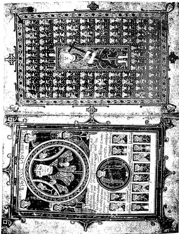 Left: Ascension of Christ, the Angel and the Apostles (Acts 1, 2). Right: Christ with cross surrounded by the elect - Turin, Biblioteca Nazionale O. IV, 20.