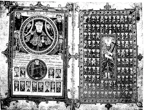 Left: Ascension of Christ, the Angel and the Apostles (Acts 1, 2). Right: Christ with cross surrounded by the elect - Turin, Biblioteca Nazionale O. IV, 20.