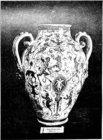Left: THE SPASIMO OF SICILY by Raphael, reproduced in the plaque painted on maiolica by master F. R. of Faenza (1523) - London, Victoria and Albert Museum. Right: VASE PAINTED WITH GROTESQUES, by Diomede Durante (16th cent.) - Rome, museum of Palazzo Venezia.