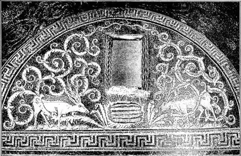 Two deer quenching their thirst at a basin. Mosaic of the 5th century - Ravenna, mausoleum of Galla Placidia.
