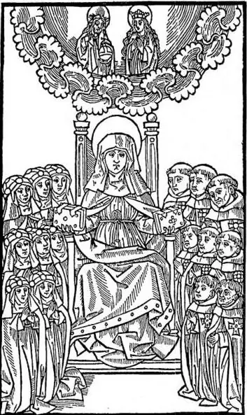 Left: ST. BRIDGET enthroned among her religious family. Right: THE PROUD RELIGIOUS. Scene relating to book V