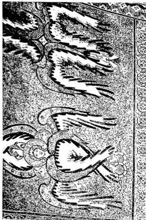 Left: CHERUB. Mosaic in the atrium of the basilica of S. Marco (12th cent.) - Venice. Right above: TETRAMORPHIC CHERUB. Mosaic of the 12th cent. - Monreale, cathedral. Below: CHERUBS, ONE OF WHICH TETRAMORPHIC. Miniature of the Exultet of Bari (mid-11th cent.).
