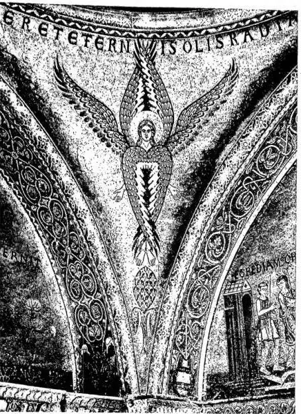 Left: CHERUB. Mosaic in the atrium of the basilica of S. Marco (12th cent.) - Venice. Right above: TETRAMORPHIC CHERUB. Mosaic of the 12th cent. - Monreale, cathedral. Below: CHERUBS, ONE OF WHICH TETRAMORPHIC. Miniature of the Exultet of Bari (mid-11th cent.).