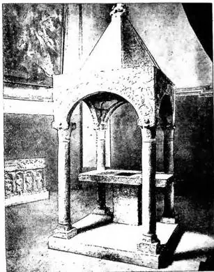 Above left: CIBORIUM (8th cent.), formerly in the palace of the University - Perugia, S. Prospero. Above right: CIBORIUM with stucco reliefs (12th cent.) - Milan, basilica of S. Ambrogio. Below left: CIBORIUM with stucco reliefs (12th cent.) - Civate, S. Pietro al Monte. Below right: CIBORIUM in the