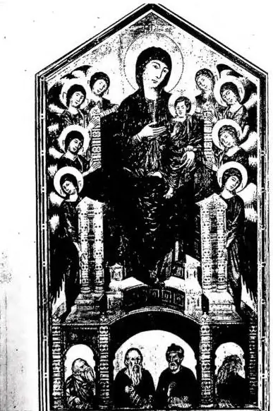 Left: MADONNA ENTHRONED WITH ANGELS, below four prophets. Panel formerly in S. Trinità - Florence, Galleria degli Uffizi. Right: MARY MOST HOLY, ST. JOHN AND THE PIOUS WOMEN AT THE FOOT OF THE CROSS. Detail of the Crucifixion. Fresco in the upper church of S. Francesco - Assisi.