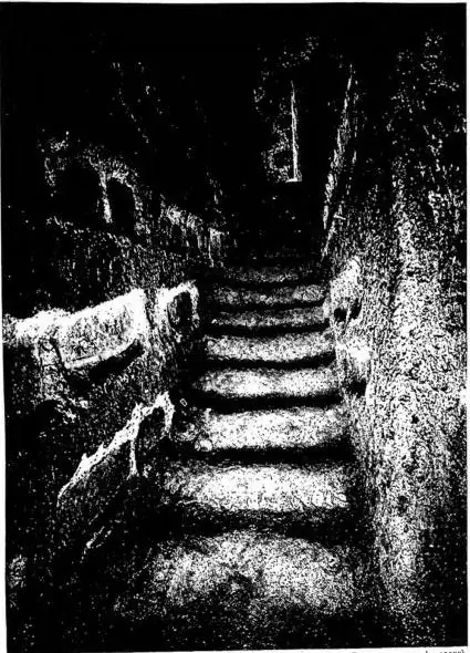 Left: STAIRCASE GIVING ACCESS TO THE 2ND FLOOR OF THE CEMETERY OF PANFILO (3rd-4th cent.) - Rome. Right: GALLERY WITH INTACT LOCULI (late 3rd cent.) - Rome, cemetery of Panfilo.