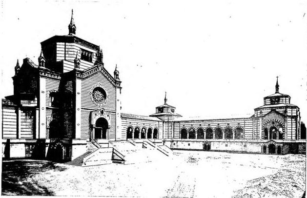 Above: MONUMENTAL CEMETERY OF MILAN, architect C. Maciacchini (1863-66). Below: CEMETERY OF STAGLIENO, architects C. Barabino and G. B. Rezasco (1835 ff.) - Genoa.