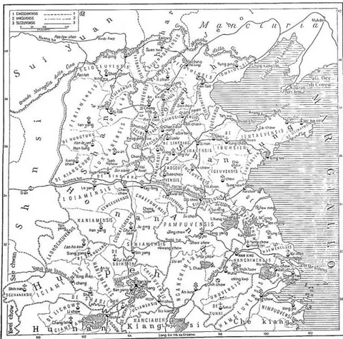North-eastern ecclesiastical China: 1) provincial boundary; 2) ecclesiastical district boundary; 3) railways.