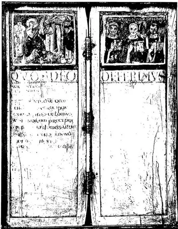INNER PART OF THE DIPTYCH OF BOETHIUS (487) with a 7th-cent. miniature depicting: the resurrection of Lazarus, St. Jerome, St. Augustine, St. Gregory. Diptych intended to contain the names of the dead, later transformed into a diptych of the living - Brescia, Museo Cristiano.