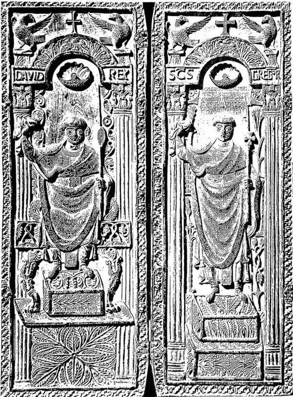 BYZANTINE CONSULAR DIPTYCH (6th cent.), whose figures were transformed, probably in the 9th cent., into David and St. Gregory the Great - Monza, Cathedral.