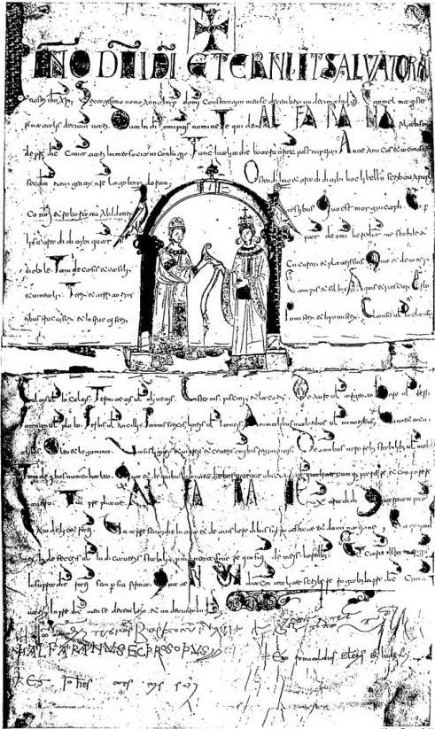 GRANT OF DOWRY (MORGENGAB) BY MELO SON OF NATALE TO HIS WIFE ALFARANA DAUGHTER OF BISANZIO (Dec. 1027). The signatures are autograph - Bari, Archivio della Cattedrale.