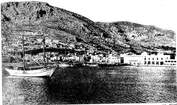 Above: PARTIAL VIEW OF THE PORT - Kalymnos. Below: CHARACTERISTIC HOUSES of the 15th cent. - Lindos (Rhodes).