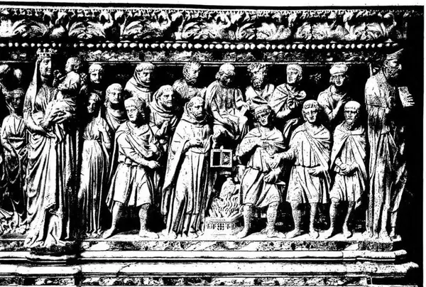 THE BOOKS OF ST. DOMINIC AND OF THE ALBIGENSIANS SUBJECTED TO THE TEST OF FIRE. Work by Nicola Pisano and collaborators (1267). Detail of the shrine of St. Dominic - Bologna, Church of St. Dominic.