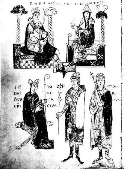 O uos penitus tocos dedit uno pre dono VITA MATHILDIS. Marquis Tedaldo, Countess Guilla, Bishop Tedaldo, Boniface father of Matilda, and Conrad. - Biblioteca Vaticana, cod. Vat. lat. 4922 (12th cent.).