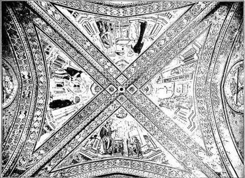 The four great Doctors of the Latin Church: Gregory, Augustine, Jerome, Ambrose, Fresco by Cimabue and collaborators (late 13th century) - Assisi, upper church of St. Francis.