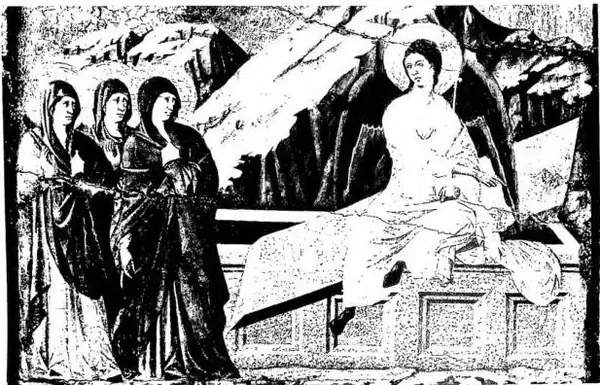 Above: THE MARYS AT THE TOMB. Detail of the "Maestà" - Siena, Museo dell'Opera del Duomo. Below: APPEARANCE OF JESUS TO THE APOSTLES. Detail of the "Maestà" - Siena, Museo dell'Opera del Duomo.