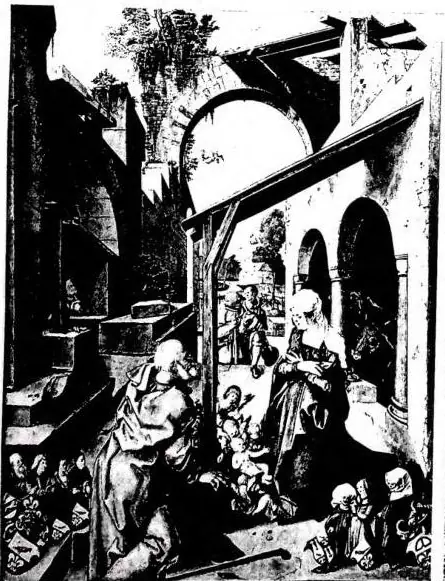 Left: THE NATIVITY. Central part of the so-called Paumgärtner-Altar - Munich, Alte Pinakothek. Right: MADONNA AND CHILD. Engraving.