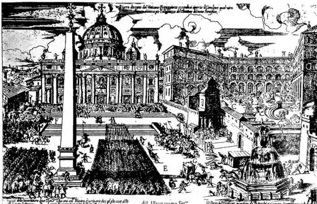 Above: Noisy rejoicing of the Romans for the happy conclusion of a conclave. Print of the first half of the 17th cent. Below: Sistine Chapel decorated for the conclave.