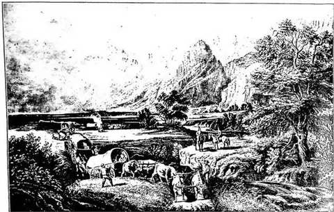 Caravan of emigrants beneath the Rocky Mountains. Lithograph from 1840.