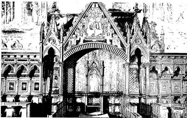 Above: CENTRAL PART OF THE CHOIR in carved and inlaid wood (1414-31) from Orvieto Cathedral. Below: CHOIR IN CARVED WOOD, now destroyed, from the abbey church of Montecassino. Work by D. A. Colucci and pupils (late 17th cent.) after a design by A. Scappi.