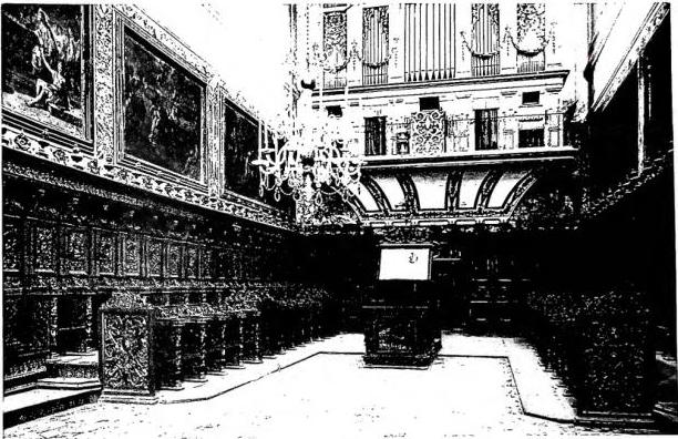 Above: CHOIR OF THE CHURCH OF S. MARTINO DELLE SCALE, work by Niccolò Tortelli da Brescia, and carved organ by Raff. La Valle (18th cent.) - Monreale. Below: CHOIR OF THE CHURCH OF S. PIETRO, work by Stefano de' Zambelli (16th cent.) - Perugia.
