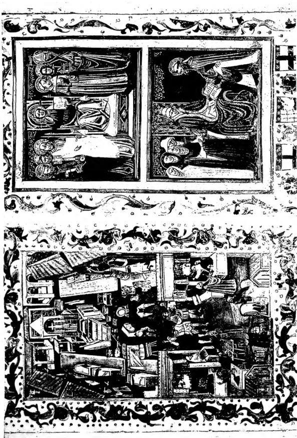 Left: STATUTES OF THE SOCIETY OF DRAPPIERI AND BRACCIAIOLI. Miniature of the 15th cent. - Bologna, Museo Civico. Right: STATUTES OF THE SOCIETY OF DRAPPIERI AND BRACCIAIOLI. Miniature of the 15th cent. - Bologna, Museo Civico.