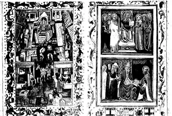 A sinistra: STATUTI DELLA SOCIETÀ DEI DRAPPIERI E BRACCIAIOLI. Miniatura del sec. XV - Bologna, Museo Civico. A destra: STATUTI DELLA SOCIETÀ DEI DRAPPIERI E BRACCIAIOLI. Miniatura del sec. XV - Bologna, Museo Civico.
