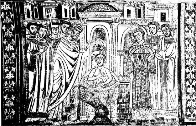 Above: BAPTISM OF THE EMPEROR CONSTANTINE. Below: PROCESSION OF ST. SILVESTER, the emperor Constantine leads the white horse of the Pontiff. Two episodes from the legend of St. Silvester and Constantine. Frescoes of ca. 1272 in the chapel of St. Silvester - Rome, Church of SS. Quattro Coronati.
