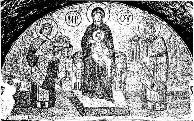 Above: MARY MOST HOLY BETWEEN JUSTINIAN AND CONSTANTINE. Mosaic of the lunette of the southern vestibule - Constantinople, Church of Hagia Sophia. Below: THE CASTLE OF RUMELIHISARI ON THE BOSPHORUS built in 1452 by Mehmed II, seen from the Asian shore.