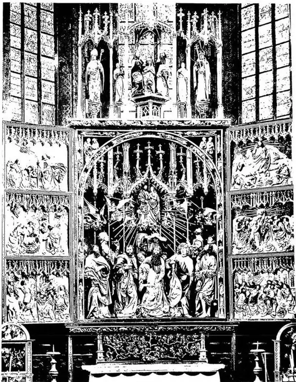 DORMITION AND ASSUMPTION OF THE VIRGIN. Triptych in wood carved and painted by Veit Stoss (1477-89) - Altar of the church of Maria S.ma.